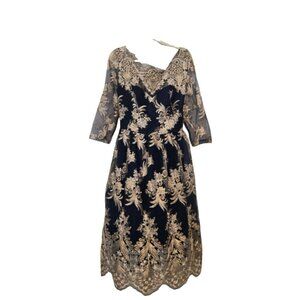 ChiChi London Metallic Formal Midi Dress Navy Gold Embroidered Lace UK22 (US18)